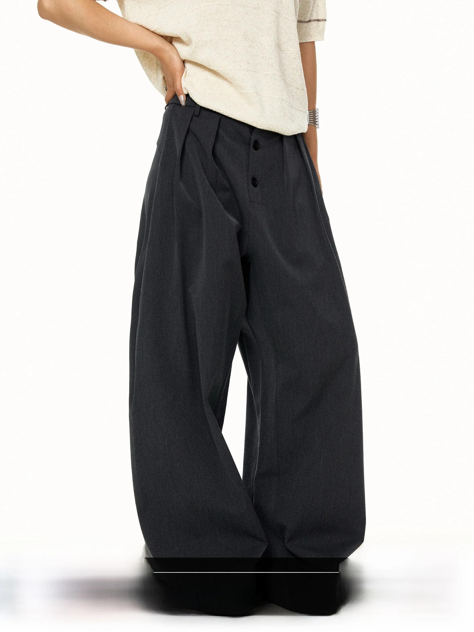 Retro Style Loose Straight Leg Pants Button Front Wide Leg Casual Commute Couples Loose Fit All-Match High Waist Polyester Blend