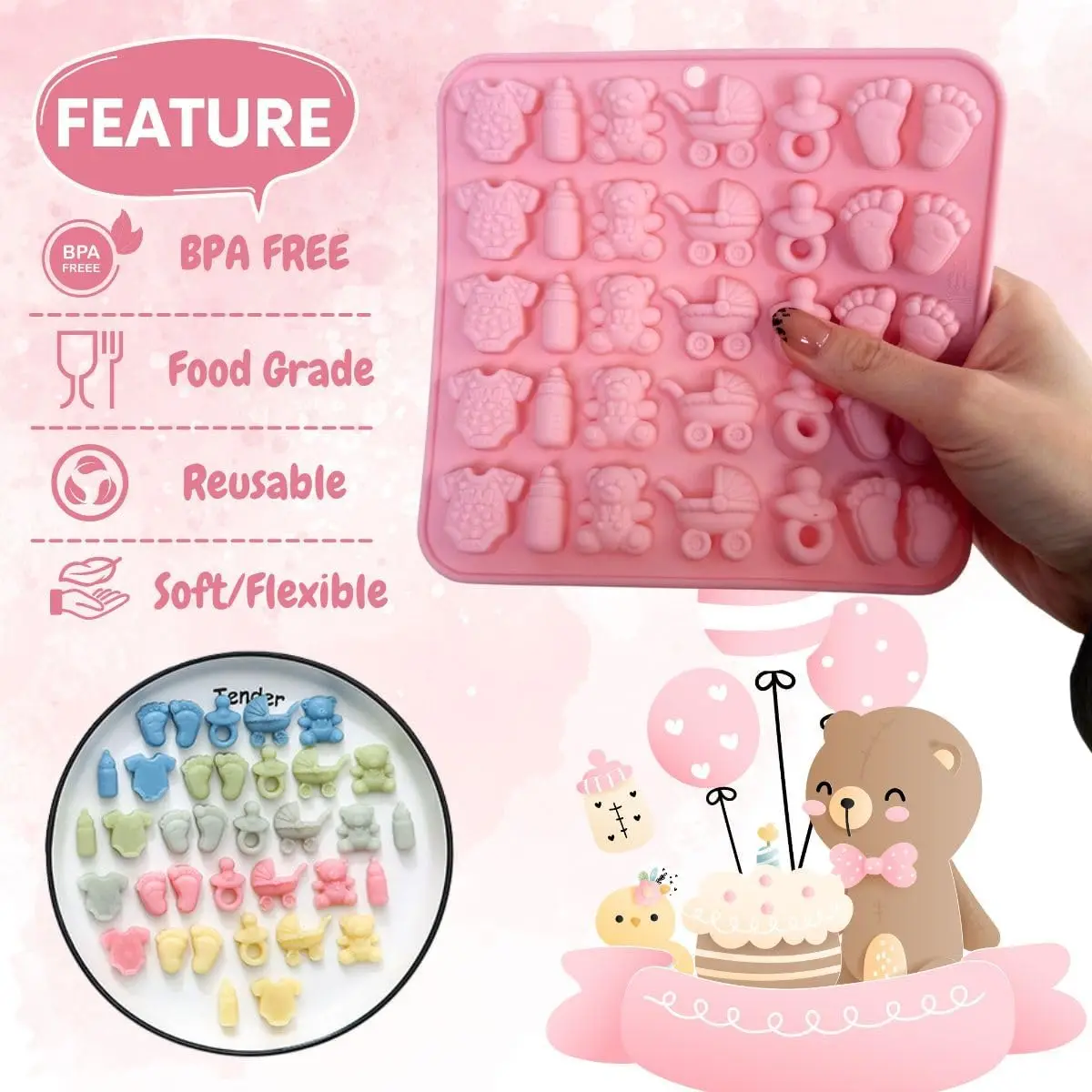 موضوع استحمام الطفل سيليكون قوالب الشوكولاته آثار أقدام مصاصة عربة الدب ثلاثية الأبعاد قوالب حلوى الشوكولاته أدوات تزيين الكعكة #2