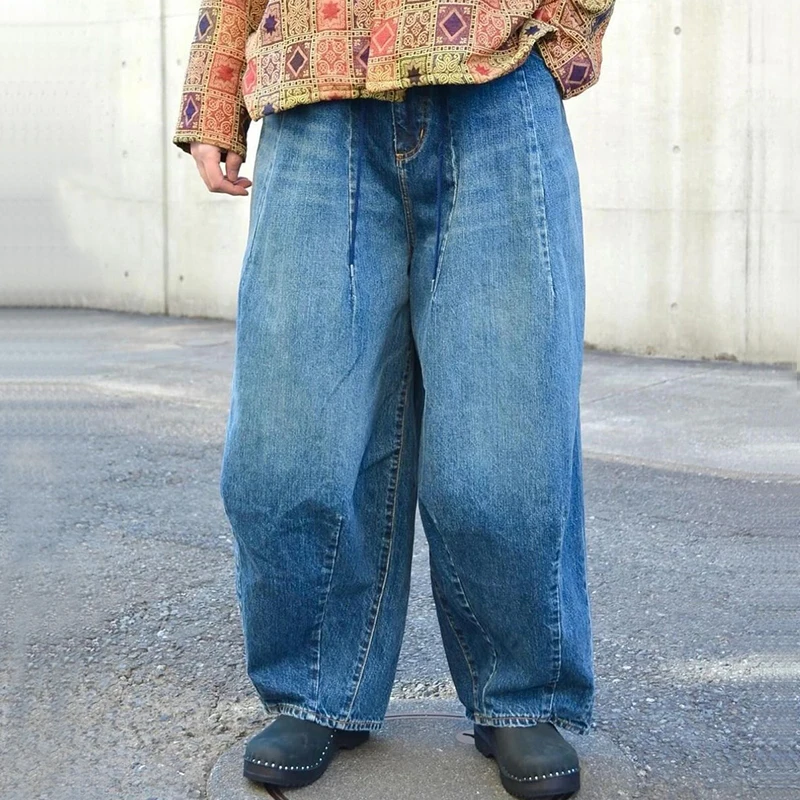 إبر السراويل واسعة الساق الرجال النساء الدهون Waed الدنيم الجينز اليابانية Sle فانوس Waed الأزرق الجينز السراويل غير رسمية