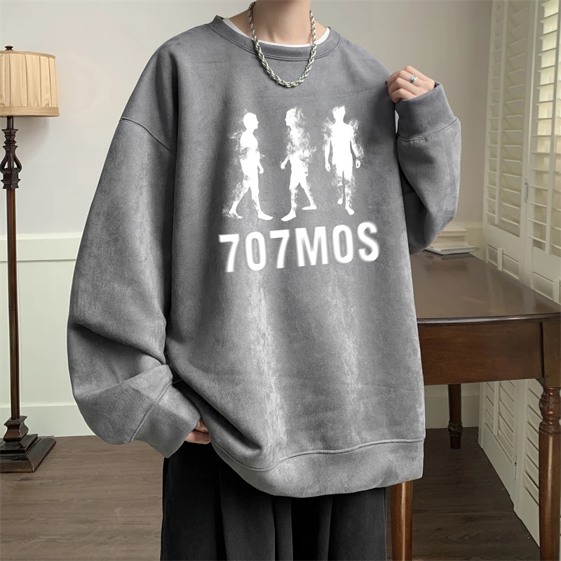 

Мужской свитшот в американском ретро-стиле из замши, весенне-осенний, свободный, плотный, зимний, новый, модный спортивный топ с круглым вырезом и принтом