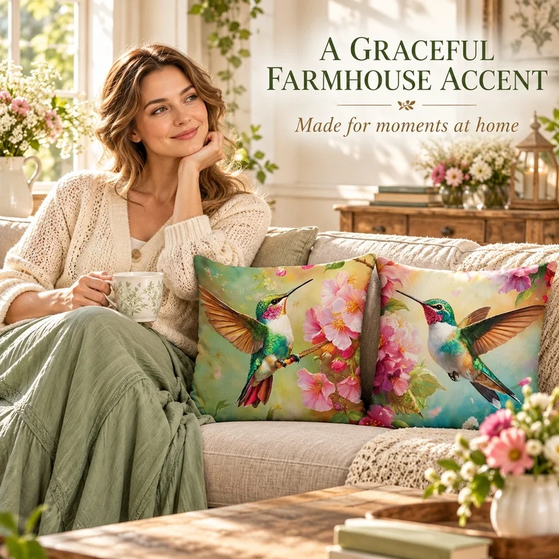Farmhouse Throw Pillow Covers, Hummingbird Print Square Cushion Cases, All Season Decorative Pillowcases f