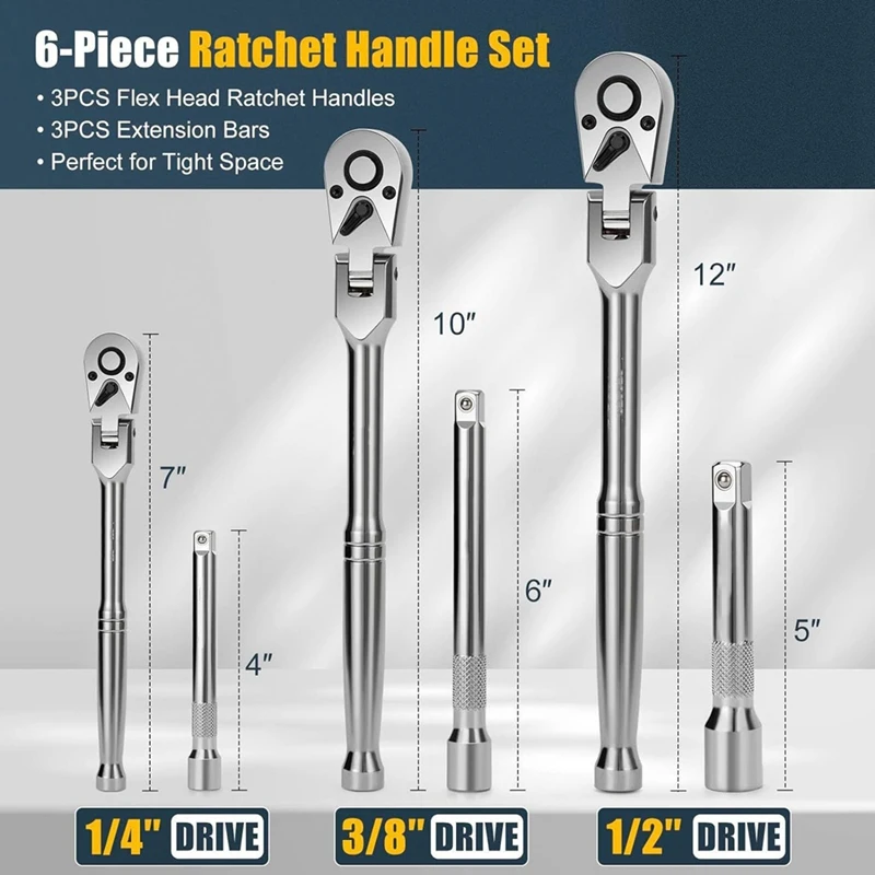 6Pcs Flex Head Ratchet Set 1/4" 3/8" 1/2" Drive 180° Adjustable Swivel Head Ratchet Wrench With Extension Bar 72 Tooth