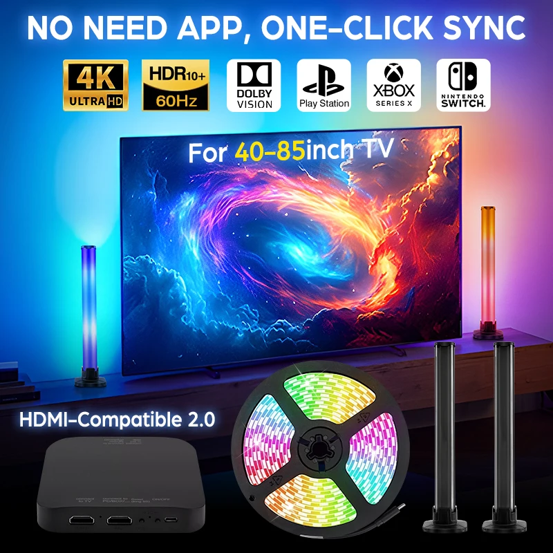 

Smart TV Led Backlight HDMI 2.0 Device Sync Box Smart Light Bar Strip RGB LED Strip Lights & Light Bars for 40-85inch TV Screen