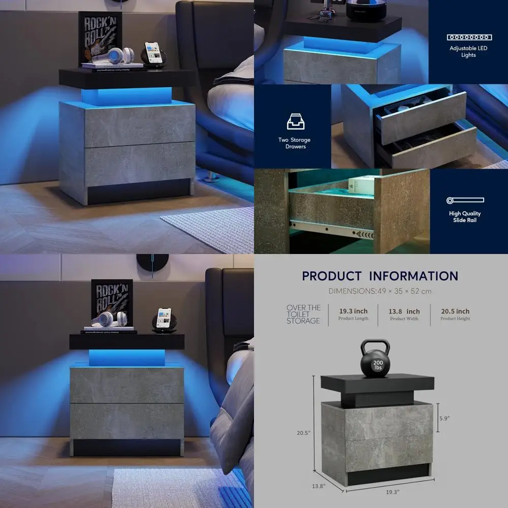 Modern LED-Illuminated Nightstand with 2 Drawers - Grey Bedroom and Living Room Side Table Furniture