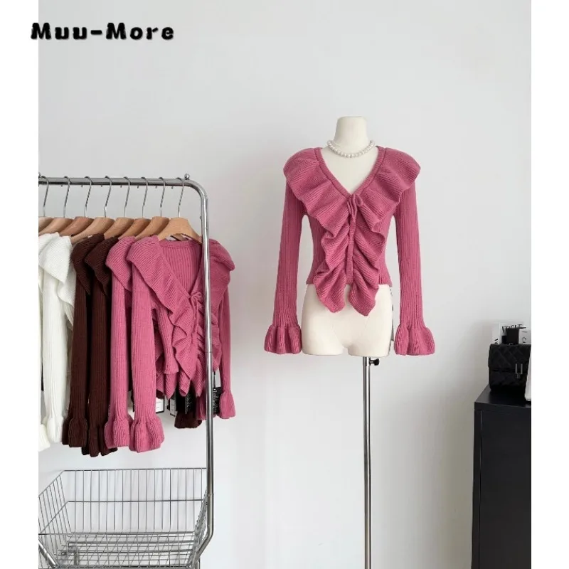 

2023 Autumn Winter Hotsweet Casual V-neck Lace-up Knitting Long Sleeve Pullovers Women Solid Color Sheath Ladies Sexy Sweater