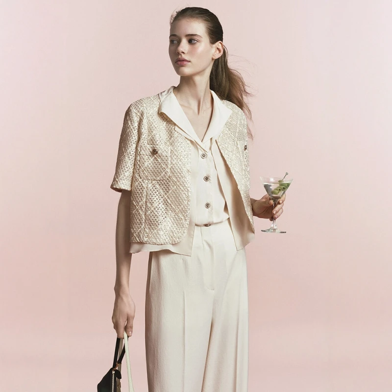

Shiny Sequin Embroidery Short Outerwear Coarse Tweed Fabric Fragile Style Women's Premium Quality Spring Summer Jacket