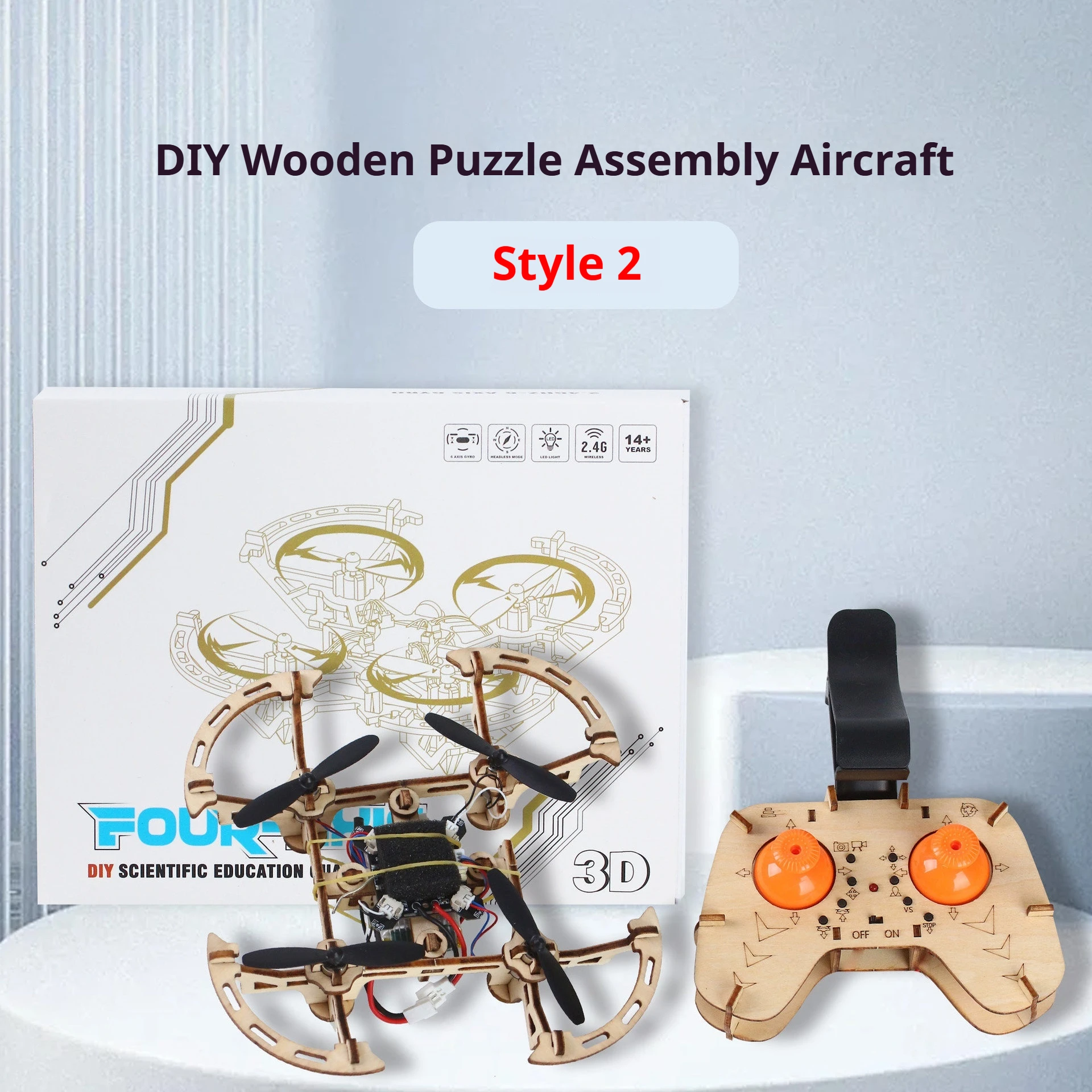 木製組み立てDIY 4軸ドローン 子供用リモコン飛行機 RC 2.4G おもちゃ