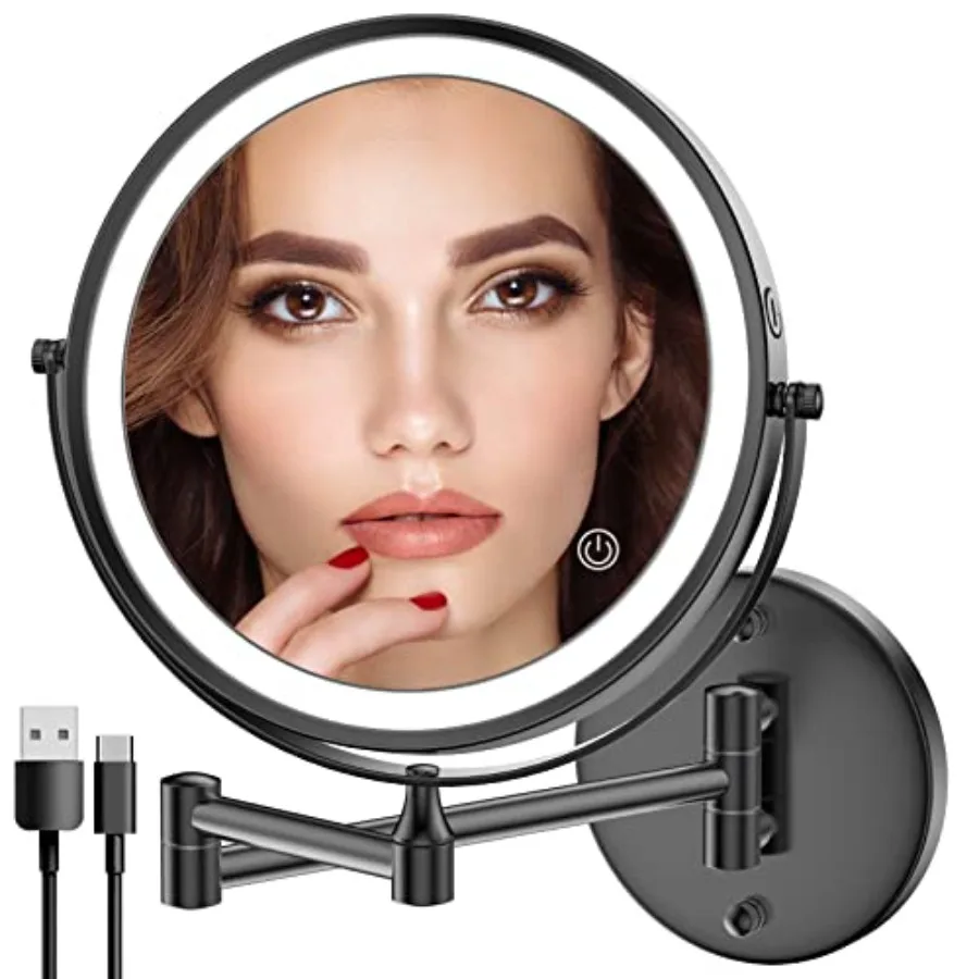 

Rechargeable Wall Mounted Lighted Makeup Mirror, Double-Sided LED Vanity Mirror 1X/10X Magnification, 3 Color Lights Touch Scre