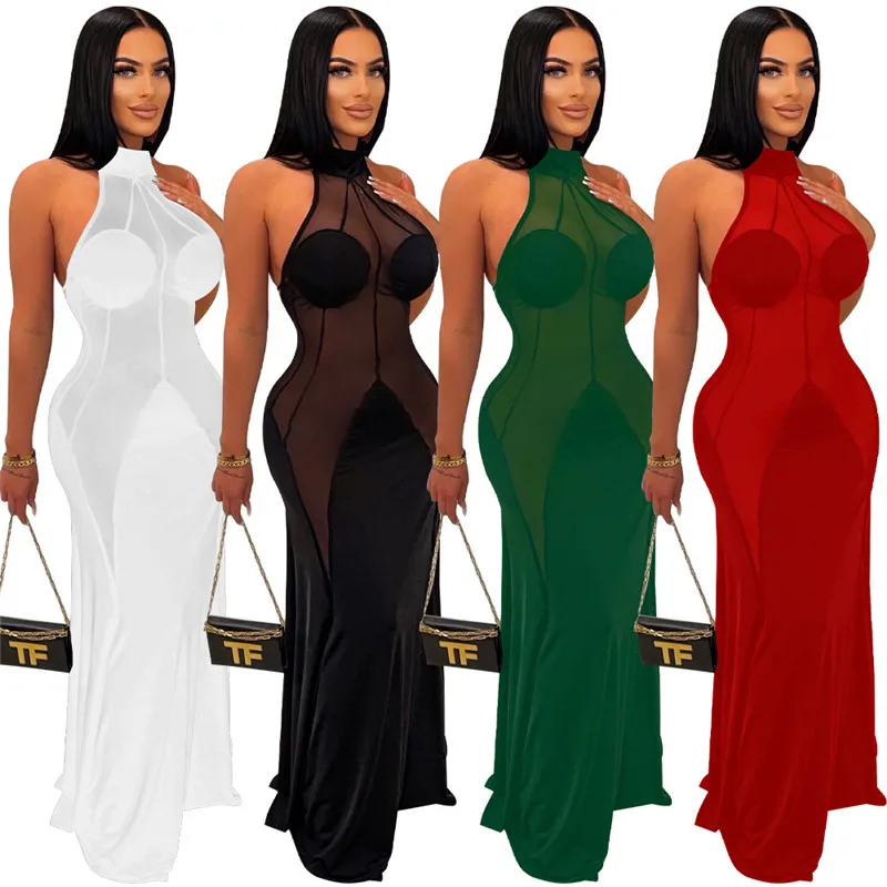 Sexy schiere Mesh Patchwork Abendessen Kleid Frauen Party Club Halfter rücken frei Bodycon Maxi kleid elegante Mode lange Kleider Vestidos