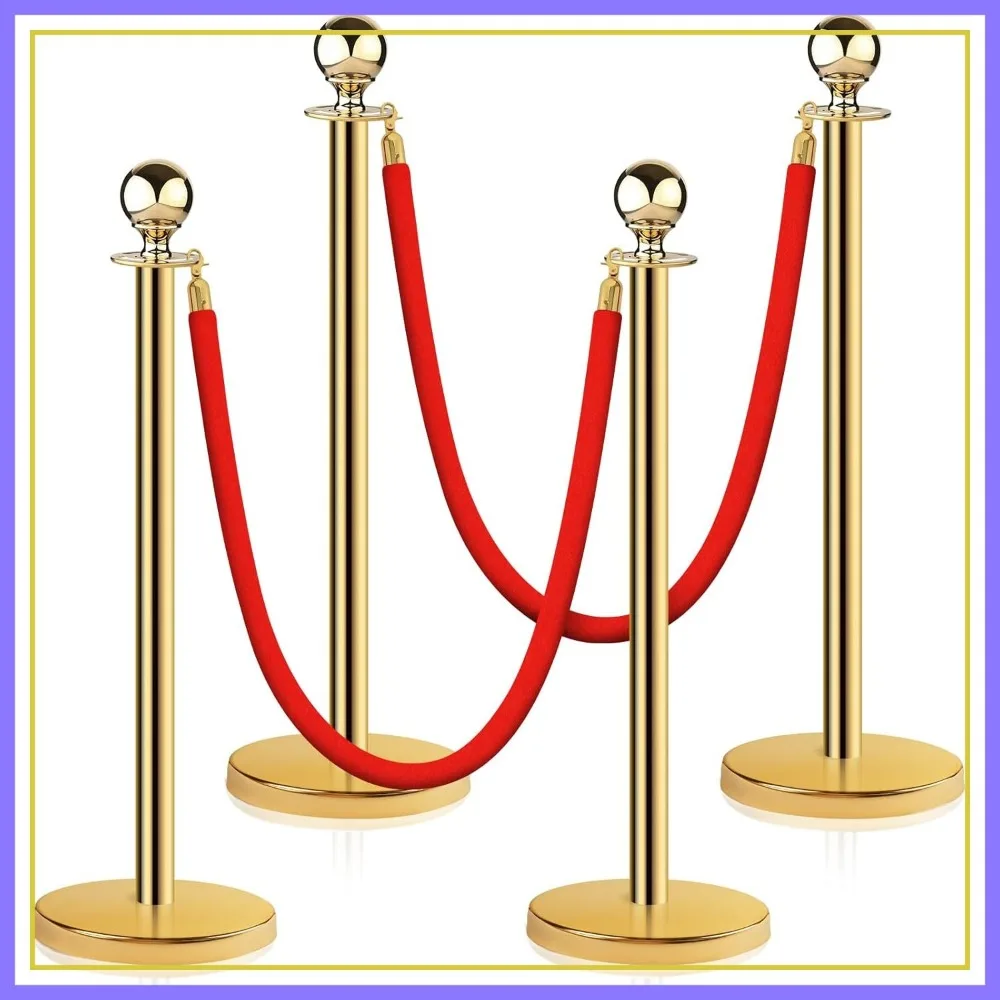 

4 Pack Stainless Steel Stanchion Post with 2 Red Velvet Ropes, 5 ft Queue Barrier for Crowd Control, Gold