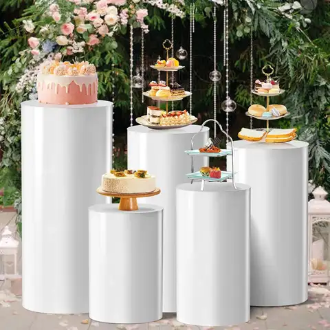 Cylinder Stands Set of 5 White Round Pedestal Stands Metal Material Display Cake Cylinder Stand for Party Wedding Birthday