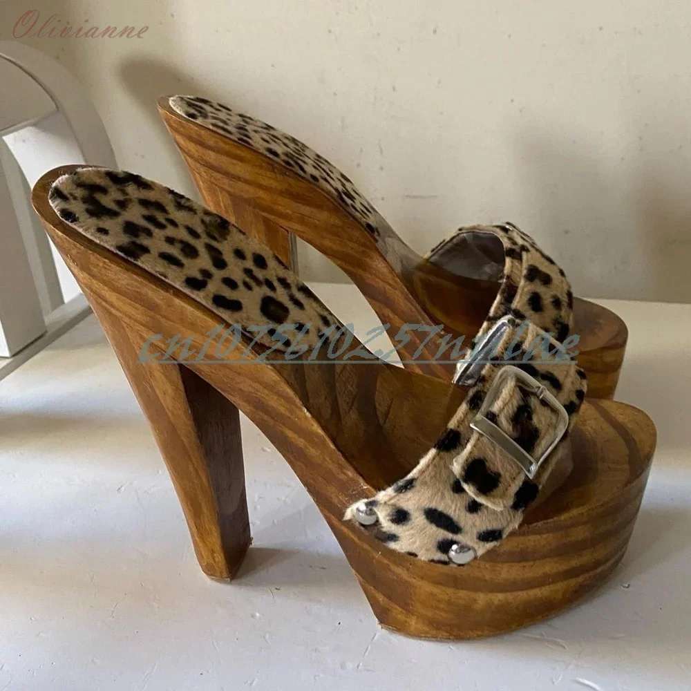 Open Toe Chunky High Heel Sexy Leopard Print Buckle Belt Decor Slippers Fashion Retro Women Shoes 2025 Summer New Para Mujere