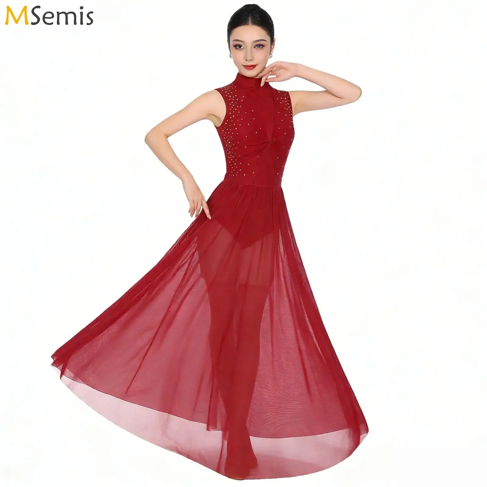 

Womens Ballet Lyrical Dance Dress Twisted Sheer Mesh Overlay Rhinestones Gymnastics Figure Skating Contemporary Dance Costume