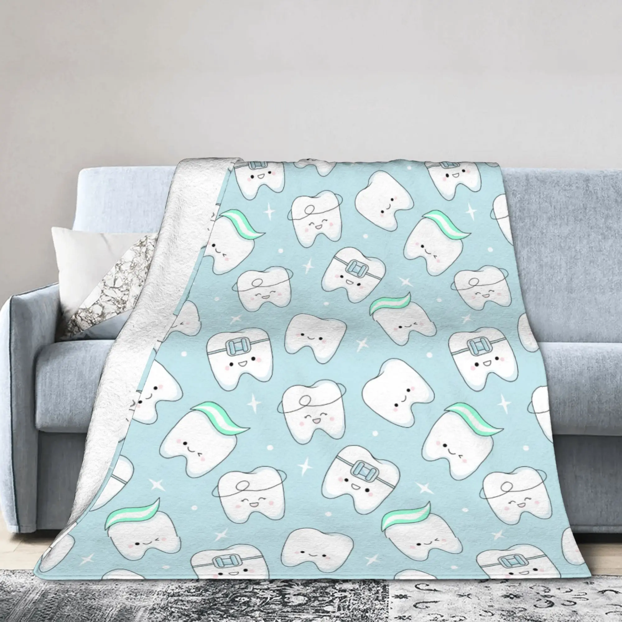 Custom Cute Teeth Dentist Cartoon Pattern Blankets Warm Flannel  Throw Blanket for Sofa Bedroom Bedding