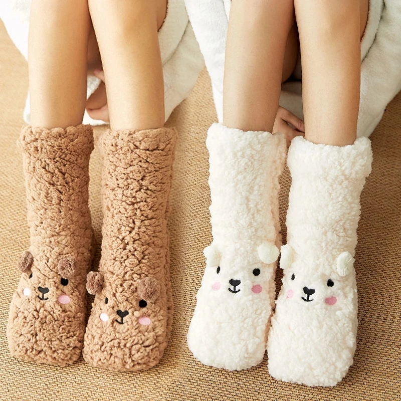 Harajuku Cute Socks Thicken Plus Cotton Warm Winter Women Socks Kawaii Bear Stocking Christmas Gift Home Floor Room Funny Sock