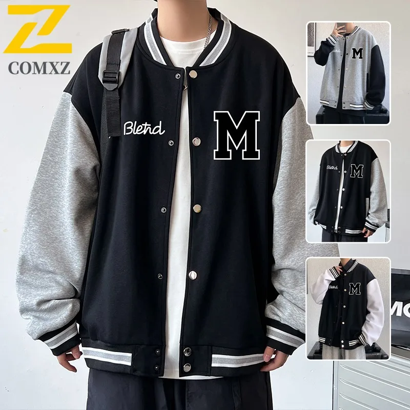 

COMXZ 2025 Мужская куртка в корейском стиле с воротником-стойкой, бейсбольное пальто с цветными блоками и манжетами на рукавах, повседневная мода для пар с боковым карманом