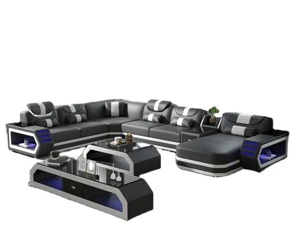 CBMMART modern sofa design black color real leather sofa set furniture couch living room sofas with USB music speaker