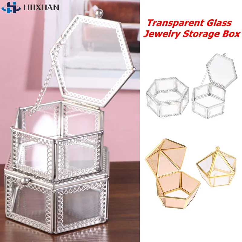 1Pcs Transparent Glass Storage Box Jewelry Ring Earring Beads Coins Display Hexagon Case Keepsake Organizer Tabletop Container