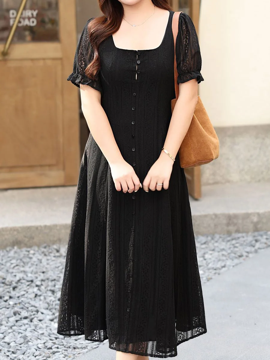 French Square Collar Lace Ball Gown for Women, Elegant Short Sleeved Dress, Black Long Dress, Good Quality, Plus Size, Summer