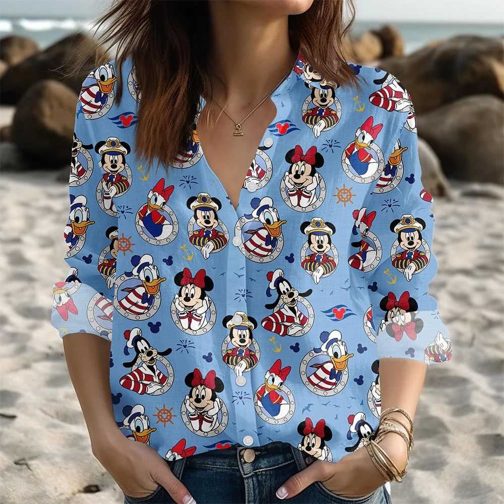 Chemise décontractée bleue pour femmes, Mickey Minnie Pluto Goofy Donald Daisy Cruise Time Line Destiny Summer, chemise boutonnée, haut rétro Disney