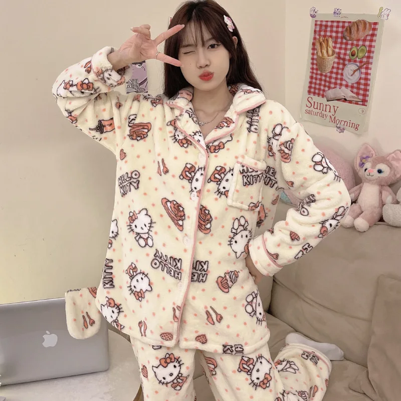 2pcs 1set Sanrio Hello Kitty Pajamas Women Autumn and Winter Loose Comfortable Thickened Cute Cartoon Home Clothes Kawaii Gift