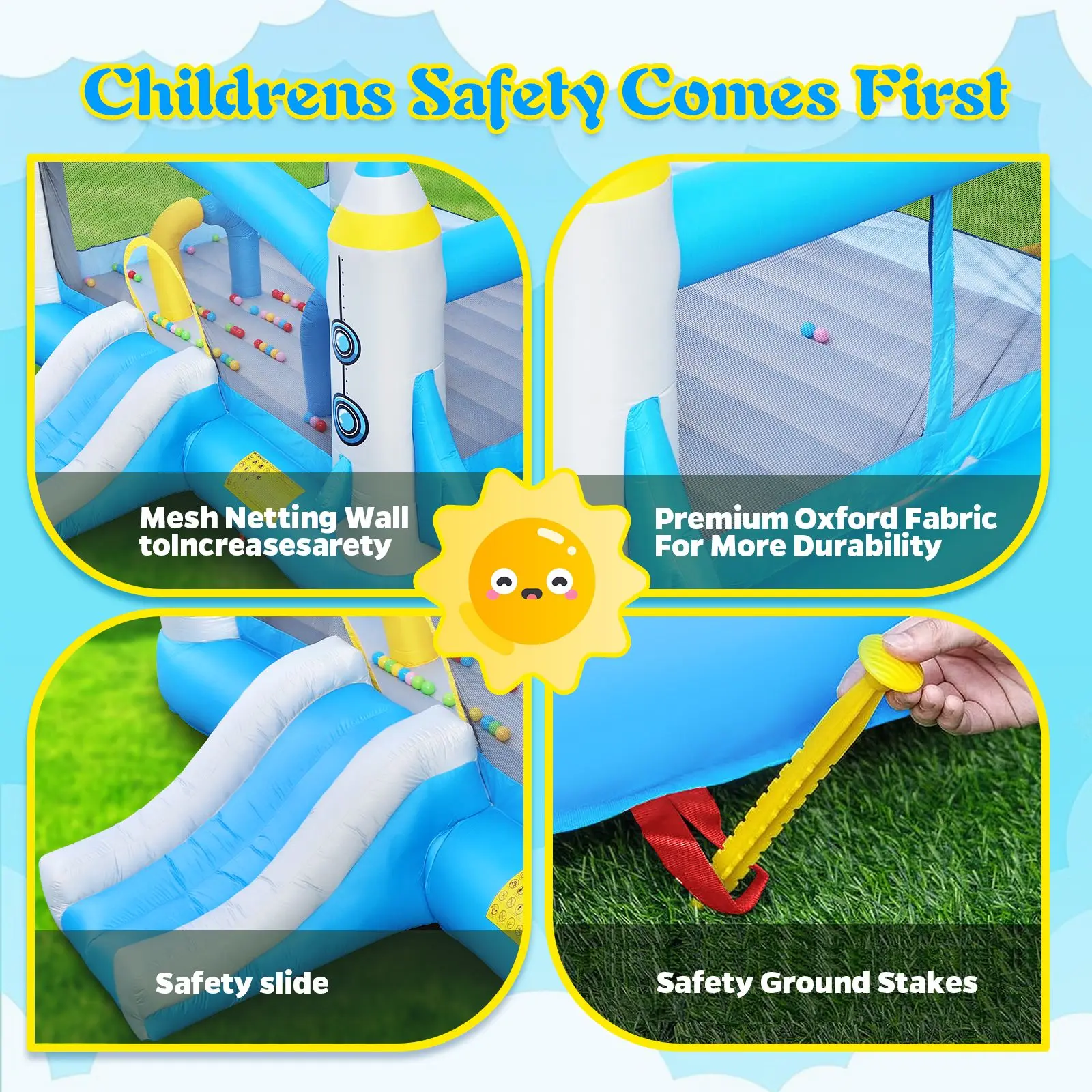 Buttafuori gonfiabili multifunzionali Jump 'n Slide per bambini Configurazione completa con ventilatore - Area gioco 198" x 180" - Altezza 96"