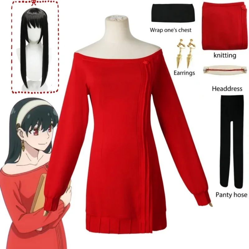 HN8 Anime FAMILY Cosplay Yor Forger Yor Briar Cosplay Costume Women Sexy Long Red Knitting Sweater Mini Dress Thorn Princess)4Dc