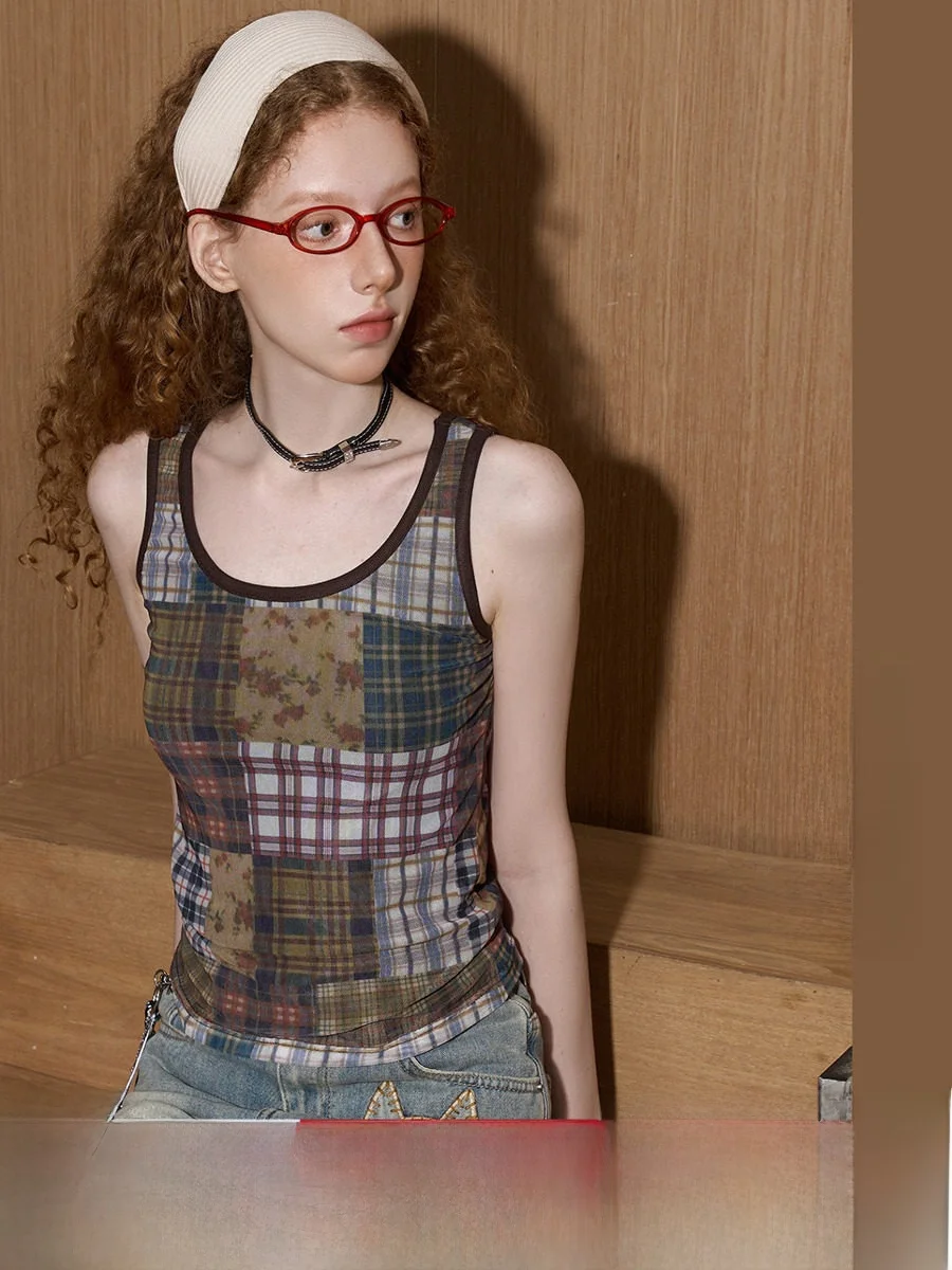 

Жилет Coolhut в американском ретро-стиле с клетчатыми вставками, круглым вырезом, весна 2026, женский, повседневный, с бретелями, H-образный силуэт