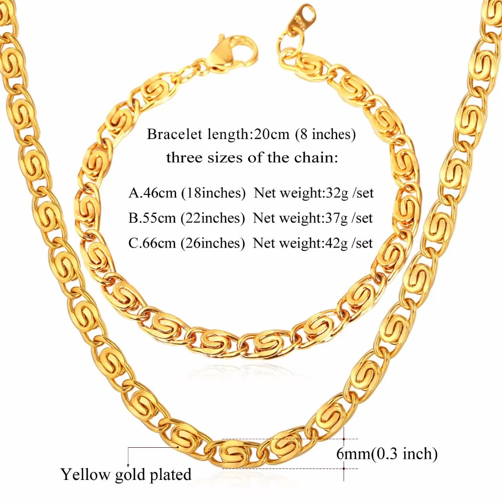 U7 African Gold Color Jewelry Set Trendy 316L Stainless Steel Snail Chain Necklace Sets Bracelet Men Jewelry