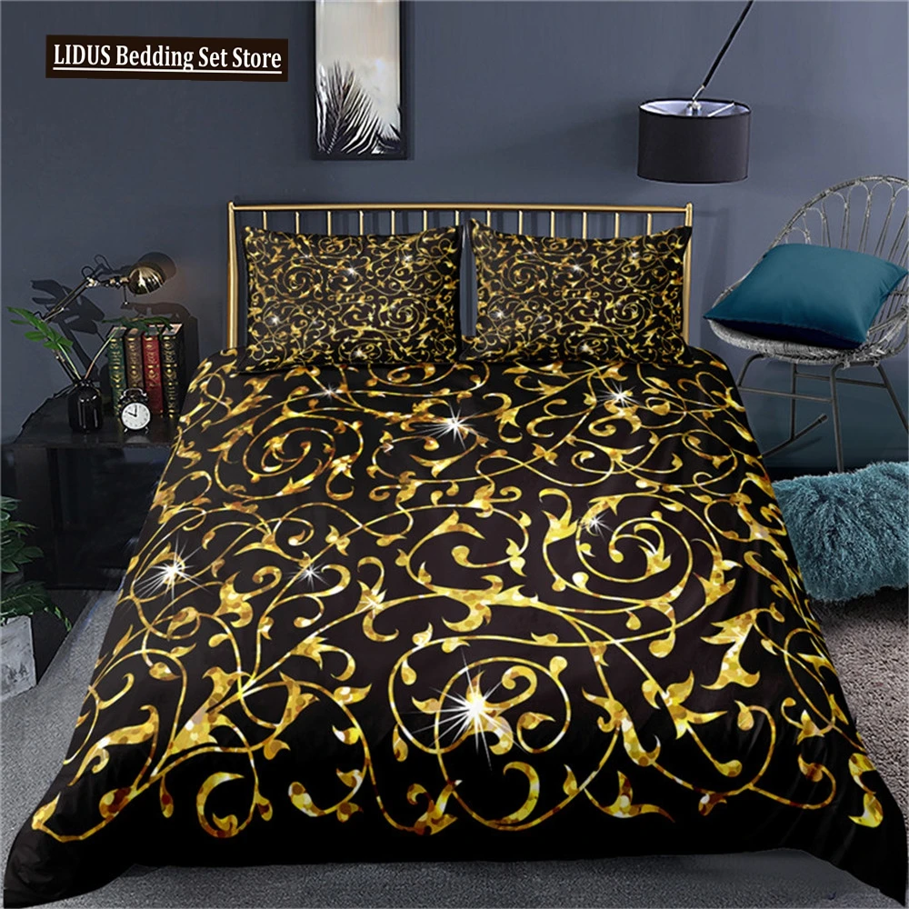 Dark Gold Theme Duvet Cover Set 3D Print Polyester Comforter Cover King Queen Twin Full Size For Men Women Kid Girls Bedding Set