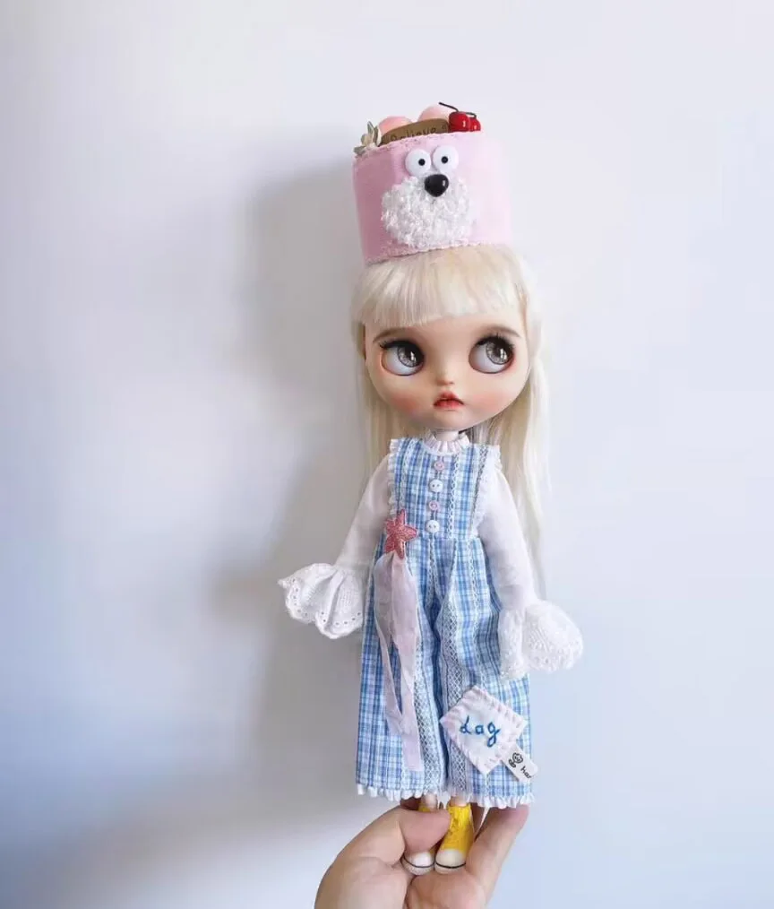 3pcs kawaii dog  style 2025 Blythe White flared sleeve top+blue jumpsuit +dog hat (Fit for Lulu,ymy24,Ob22,24,26,zone, Jenny)