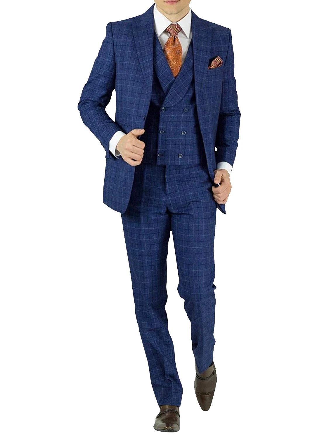 

Men's Three Pieces Checked Tailored Fit Tuxedos Peak Lapel Suit Formal Smart Suit