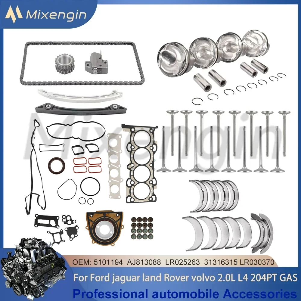 Kit de cadena de distribución, 4 Uds., pistones y anillos, juego completo de juntas, válvula compatible con GAS 2,0 L L4 para Land Rover Jaguar Ford Focus Volvo 204PT 10-20