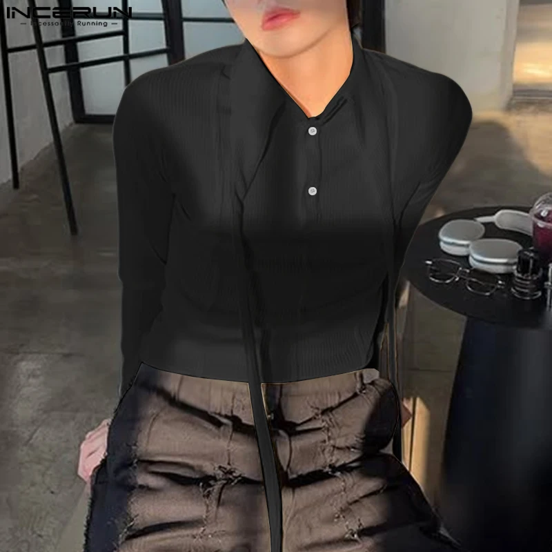 

INCERUN Men T Shirt Solid Color Lapel Long Sleeve Button Casual Male Tee Tops Knitted Streetwear 2025 Fashion Men Clothing S-5XL