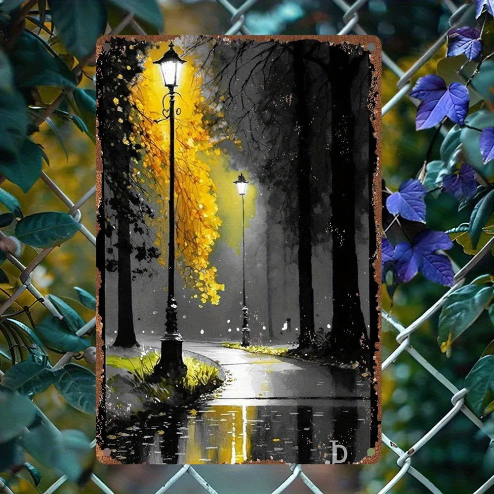1pc Vintage Metal Tin Sign - Autumn Forest Pathway with Yellow Leaves & Lanterns, Classic Style Wall Art for Home