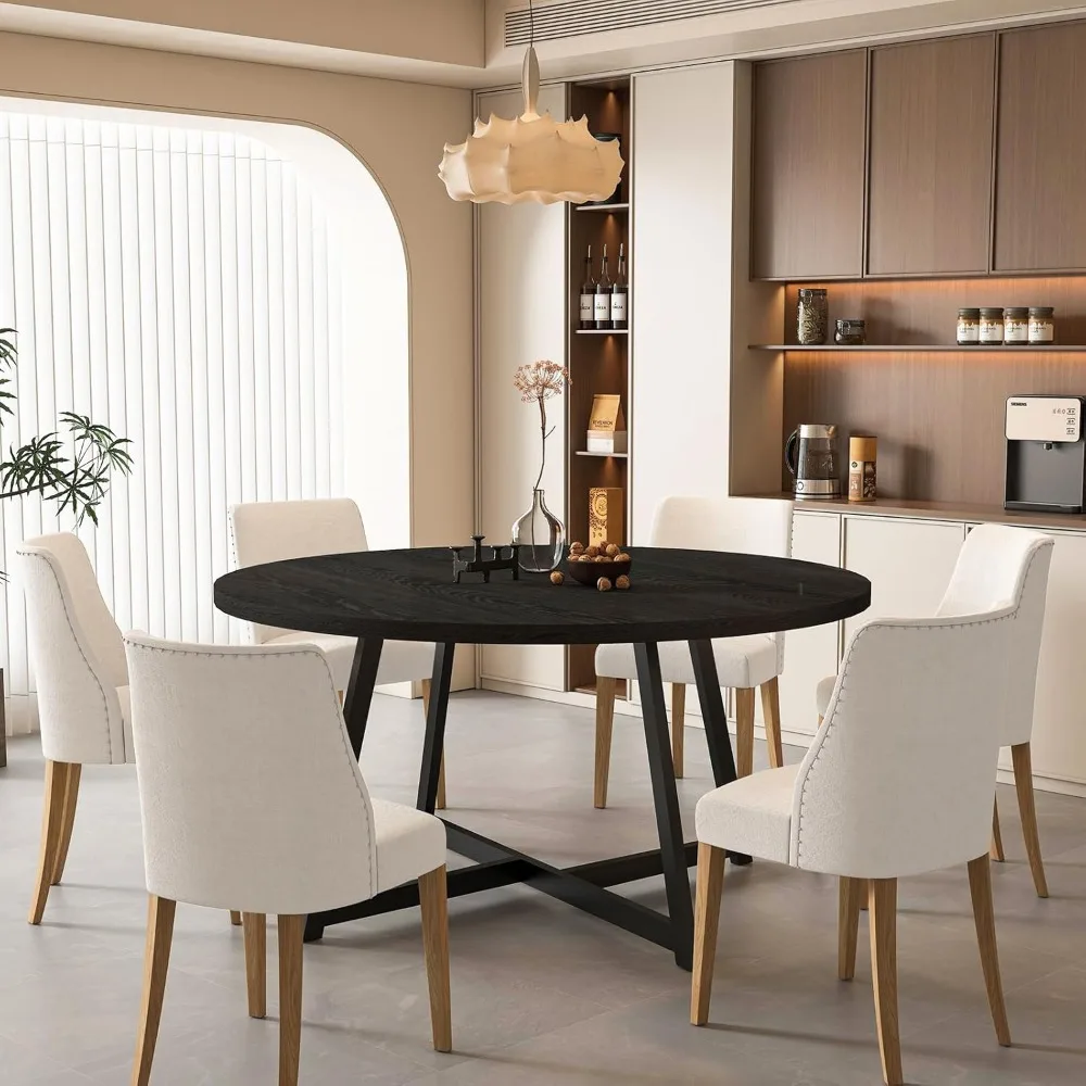 طاولة طعام مستديرة كبيرة لـ 6-8، طاولة عشاء خشبية مع قاعدة معدنية شديدة التحمل، تصميم موفر للمساحة مثالي للمطبخ #3