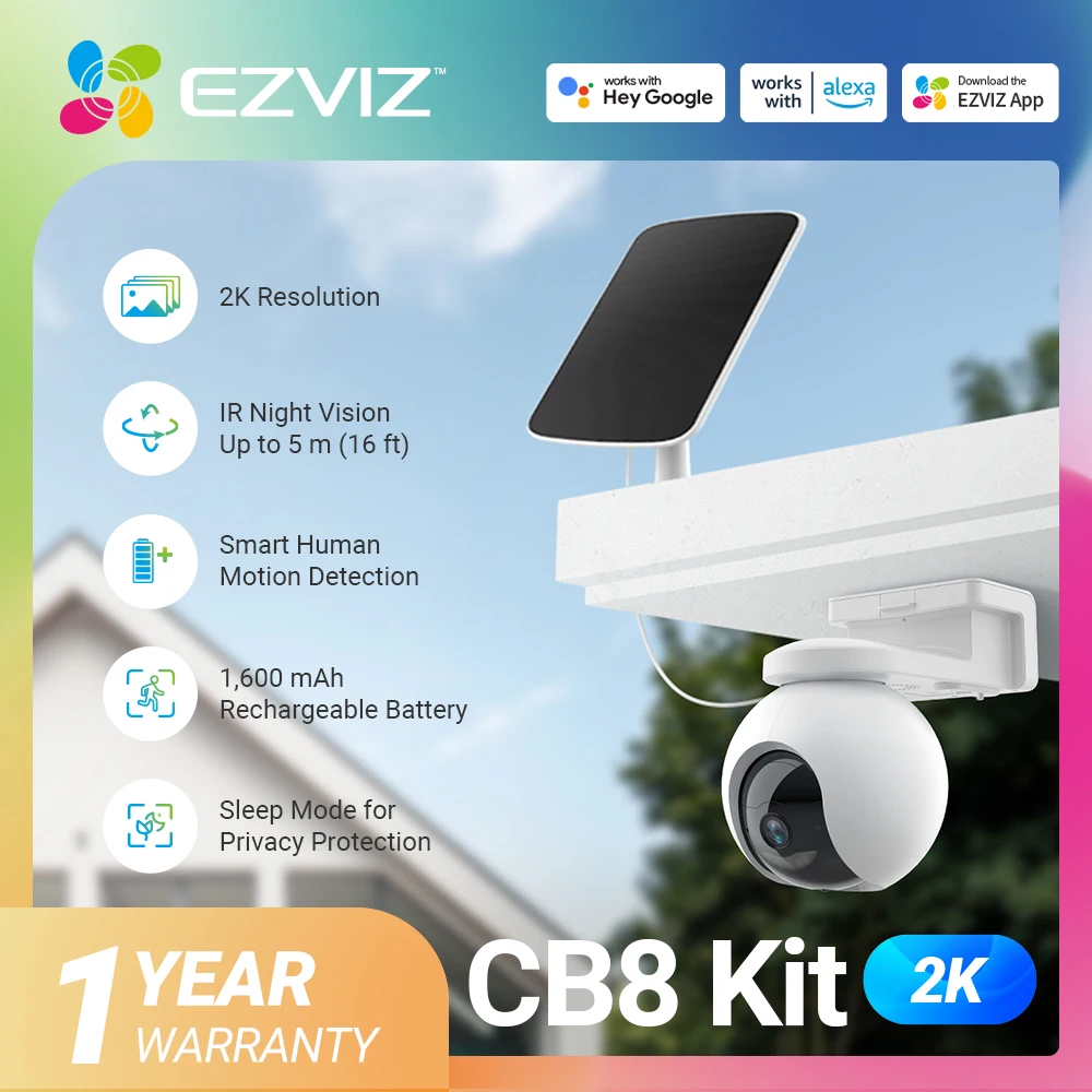 EZVIZ CB8 Kit 2K Outdoor Battery Camera with Solar Panel, Human Detection Auto Tracking, 360°PT, Color Night Vision, 2-Way Audio