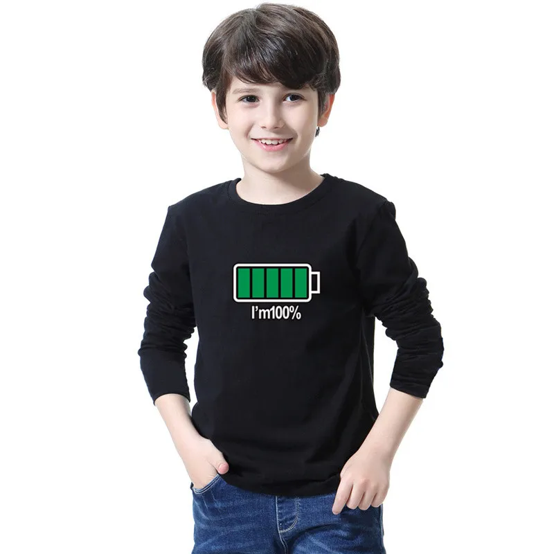 

2024 Spring Kids Long Sleeve Battery Full T-shirts Cotton O-neck Boy Autumn Funny Tee BigBoy Autumn T-shirts