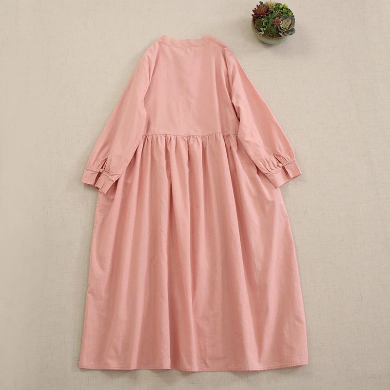 Spring New Japanese Sweet Mori Girl Solid Color Cotton Linen Dress Women Vintage V-Neck Long Sleeve Casual Loose Midi Dresses