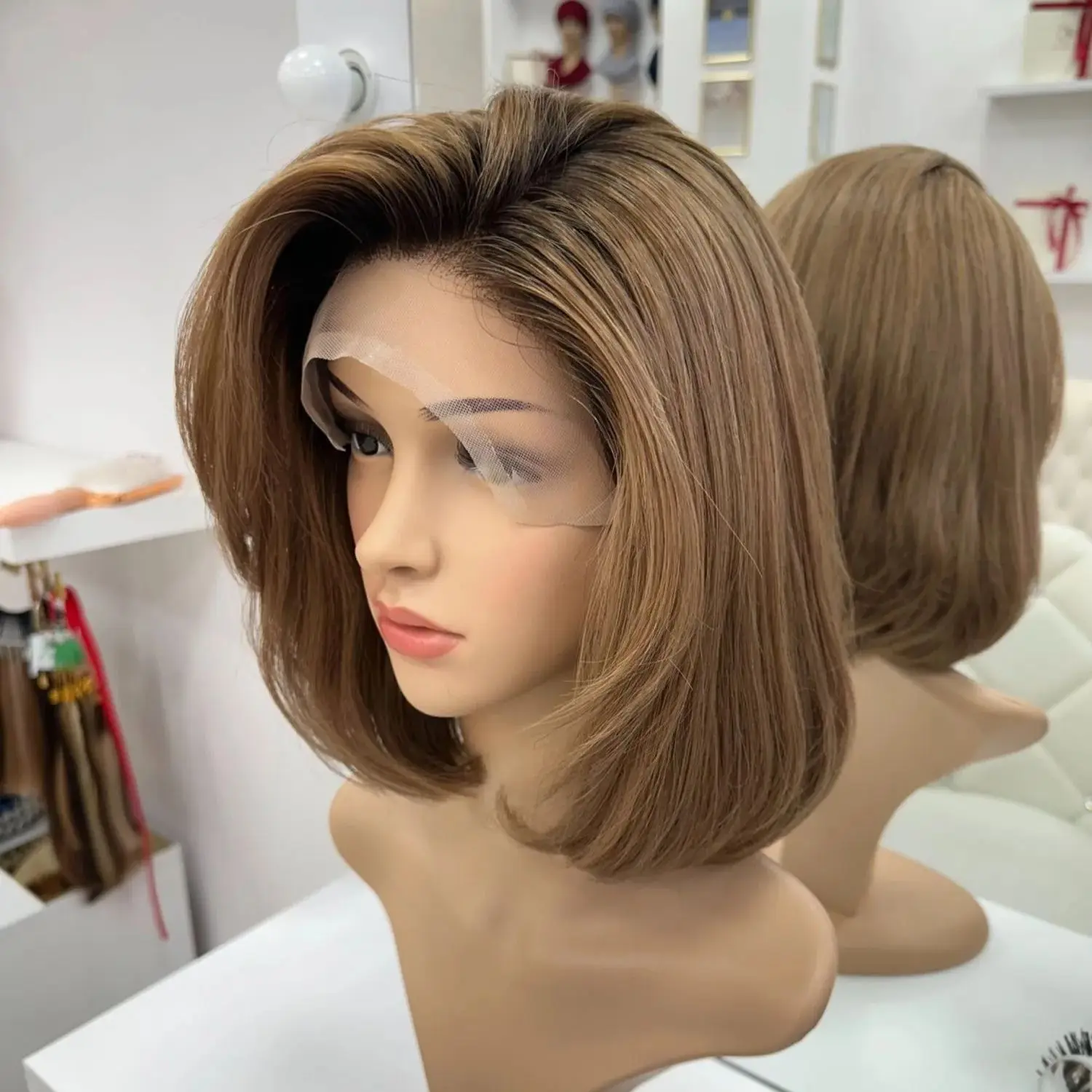 Ombre Middle Brown Bob Straight Synthetic Lace Frontal Wigs Side Part Hairline Synthetic Lace Front Wigs Middle Aged Woman Wear