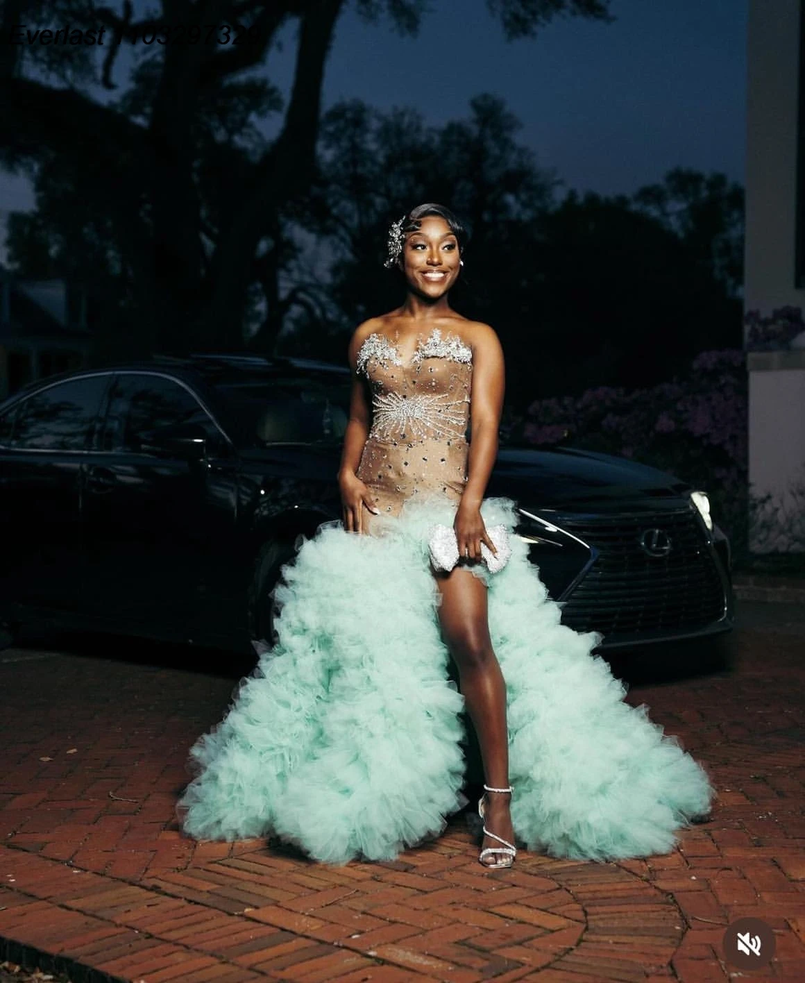 EVLAST Customized Sage Mermaid Prom Dress For Black Girls Champagne High Slit Beads Ruffles Party Gala Gown Robe De Soirée TPD59