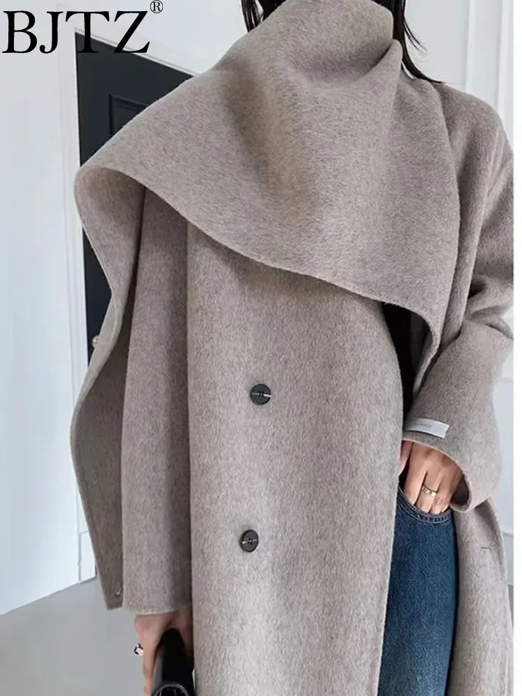 

2024 New Coat Shawl Scarf Collar Double breasted Solid Color Extended Women's Double sided Woolen Coat