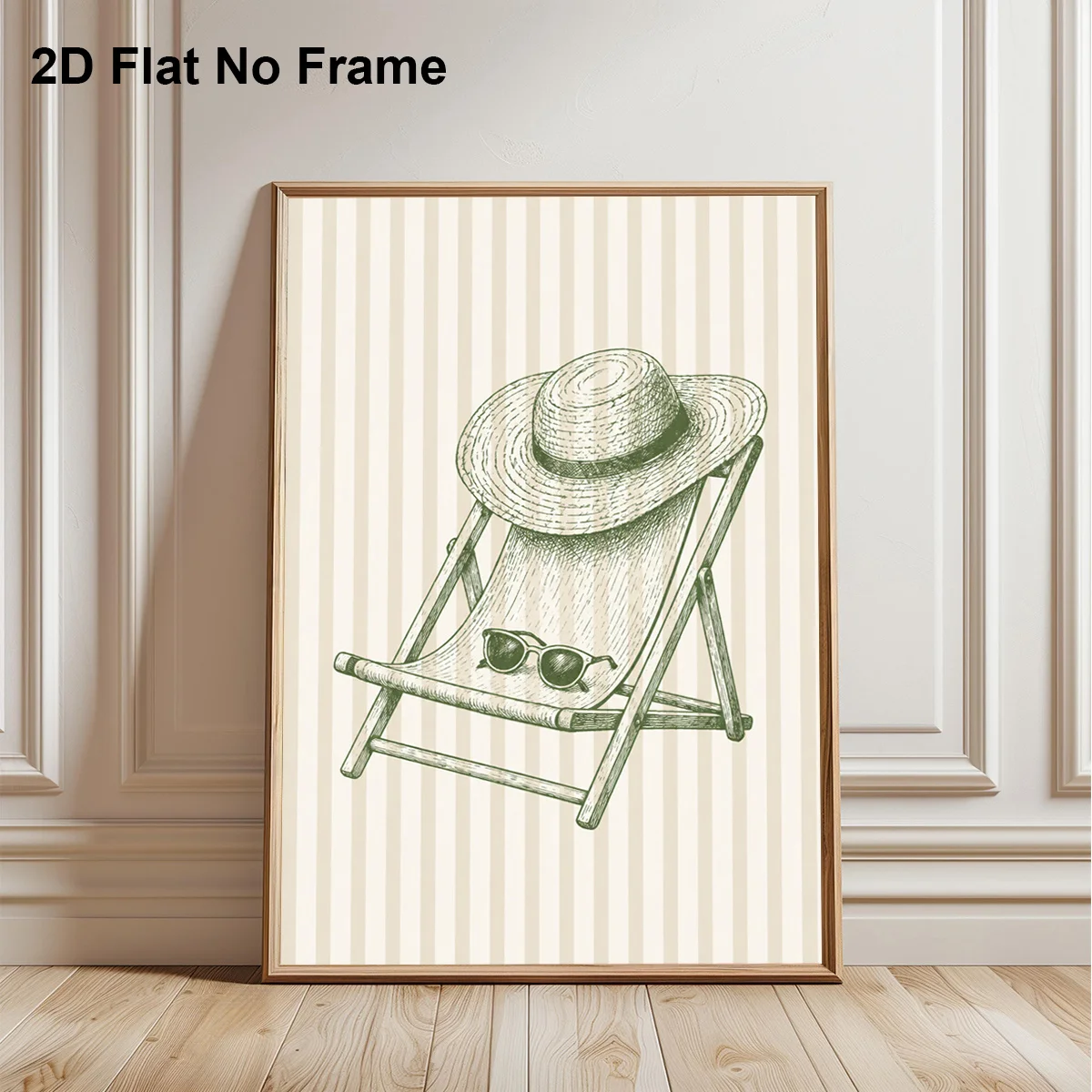 2027,2D Flat, 2D Flat Frameless Canvas Poster Retro Summer Beach Deck Chair with Straw Hat And Sunglasses Illustration Print