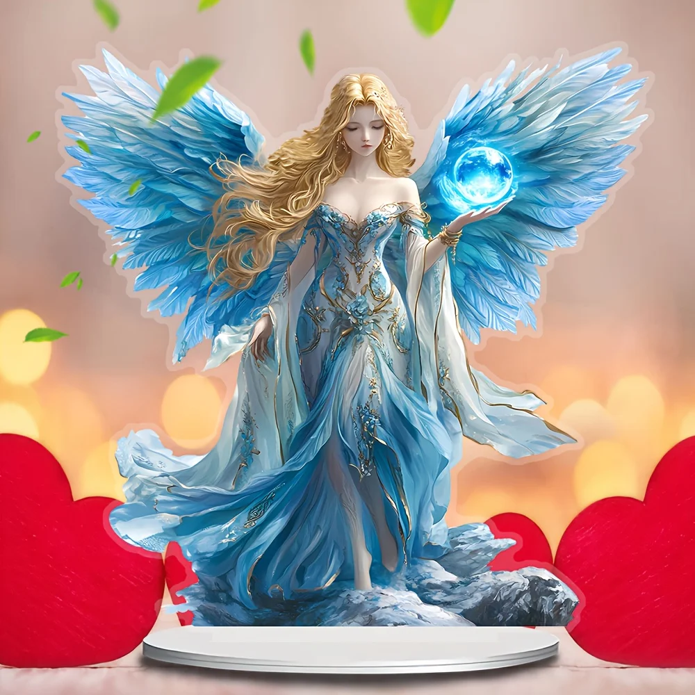 Blue Wing Ornament/guardian Angel Statue/acrylic Desktop Decoration/including Bracket, Suitable for Home and Office.