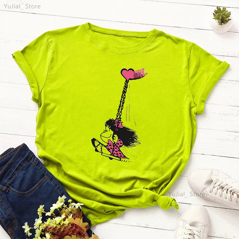 

Love Mafala Cartoon Printed T Shirt Women'S Clothing Funny Gray/Green/Yellow/Pink Tshirt Girls Harajuku Shirt Streetwear