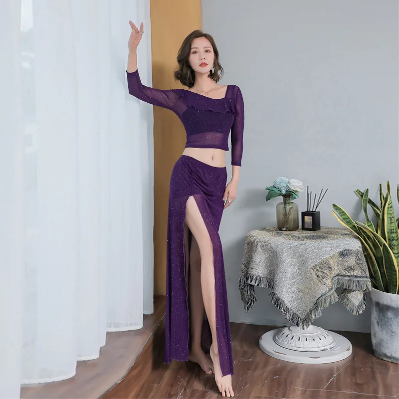 Nieuwe buikdans oefenjurk Jurk voor beginners Lovertjes Mesh Sexy enkele split lange jurk voor dames