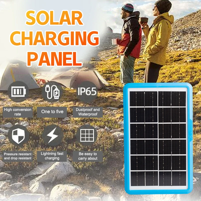 8W Solar Panel With USB 5 In 1 Cable Waterproof Portable Stabilize Battery Charger For Outdoor Camping Phone Charging Power Bank