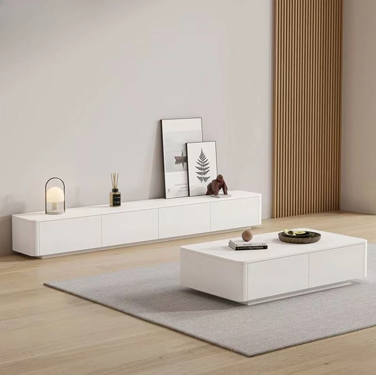 Pure solid wood TV cabinet, rock slab floor cabinet, gray and white paint, simple atmosphere, light luxury and practical small