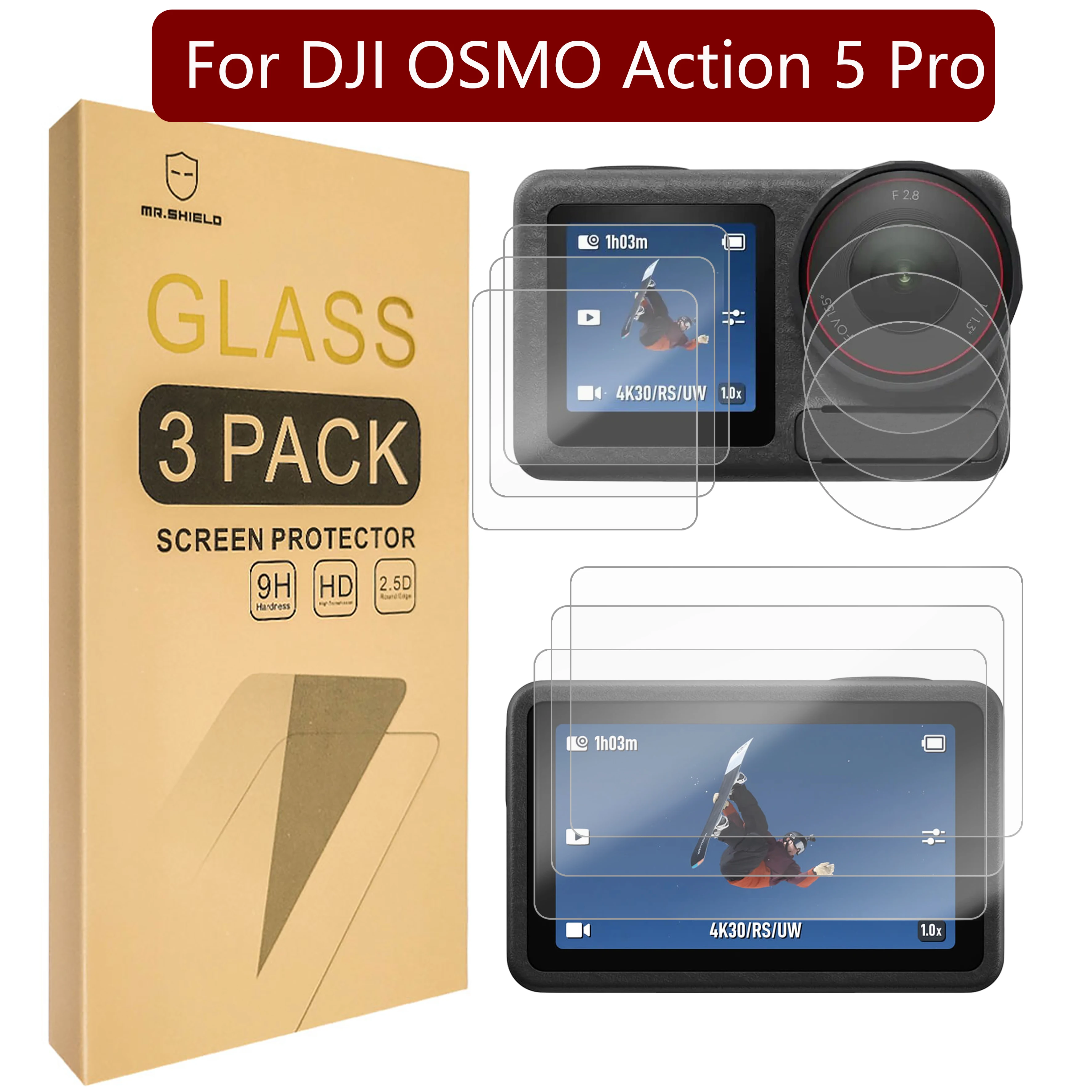 Mr.Shield [Back+Lens+Front] 3-Pack [9 Pcs] Screen Protector For DJI OSMO Action 5 Pro [Tempered Glass] [9H Hardness]