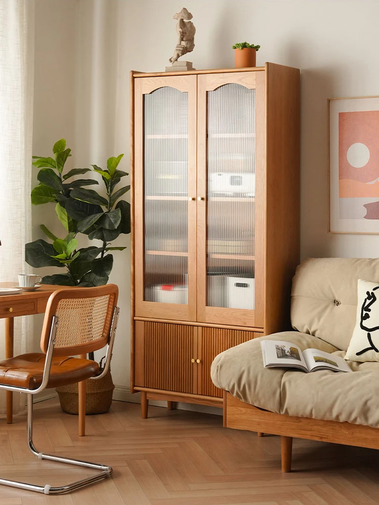 Nordic cherry wood bookcase small household log floor to ceiling locker Japanese style glass storage cabinet bookcase with door